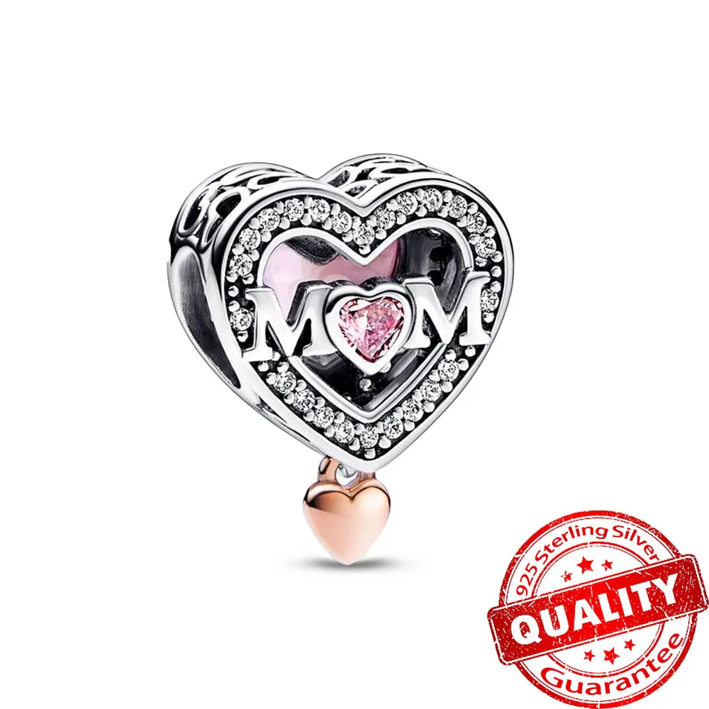 

2023 New 925 Sterling Silver Pink Crystal Two-tone Openwork Mum & Heart Charm Fit Pandora Bracelet & Necklace Mother Gift