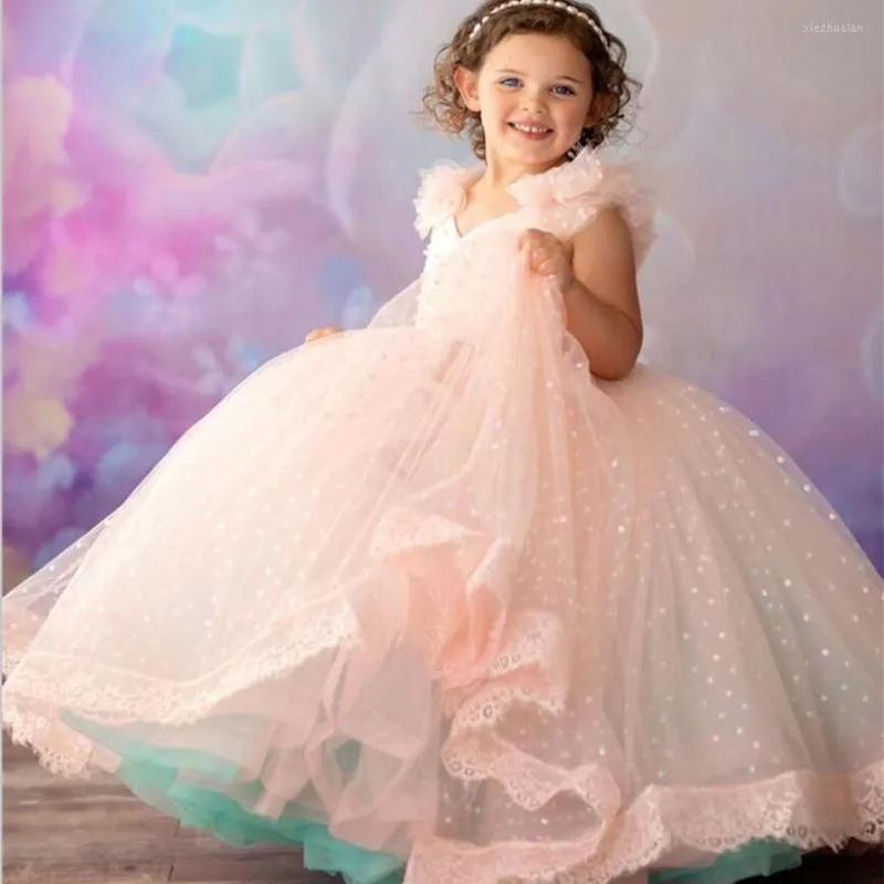 

Cute Pink Flower Girl Dress V Neck Lace Sleeveless For Wedding Birthday Ball Gown Tiered Skirt First Holy Communion Kids Dresses