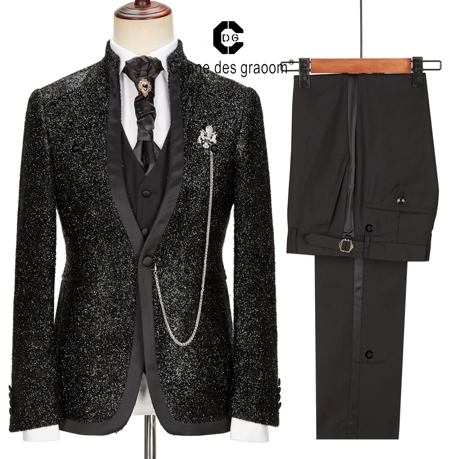 

Cenne Des Graoom New Fashion Luxury Men Suits For Wedding Party Dress Shining Black Tuxedo With Necktie 4 Piece Set Slim Fit