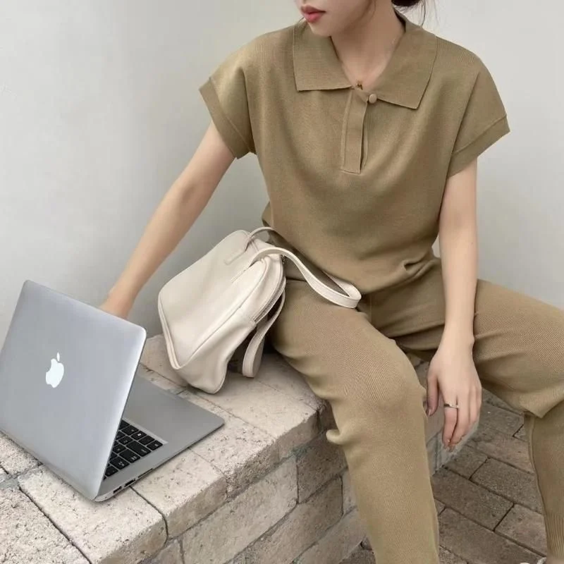 

Summer 2 Pieces Tops Wide Leg Pants 2022 New Korean Fashion Short Sleeve Knitted Pullover Brown Sweater Casual Women's Tracksuit
