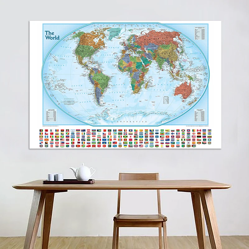 

150x225cm Non-woven Physical World Map With National Flags The World Hammer Projection Map For Culture And Education