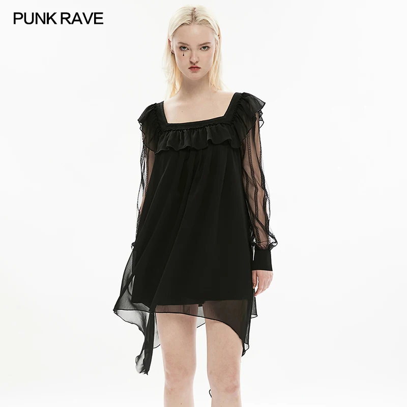 PUNK RAVE Women's A Line Detachable Bow Brooch Loose Ruffle Dress Daily Asymmetrical Sweet Elegant Elegant Black Dress