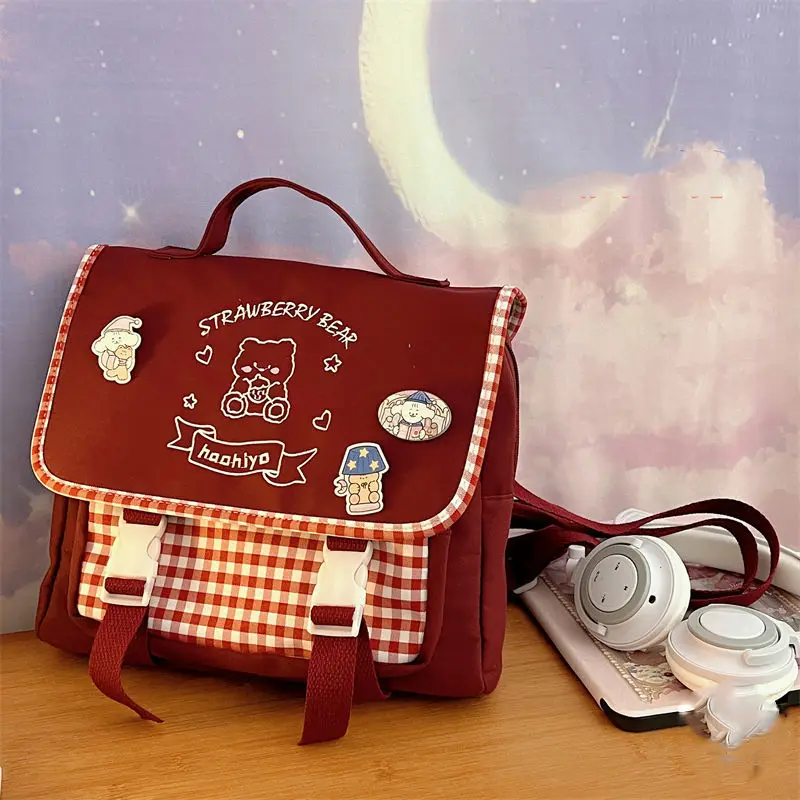 2023 Japanese Style JK Uniform Backpacks Kawaii Bear Embroidery Women Shoulder Bag 4 Colors Zipper Bag Female with Cartoon Badge