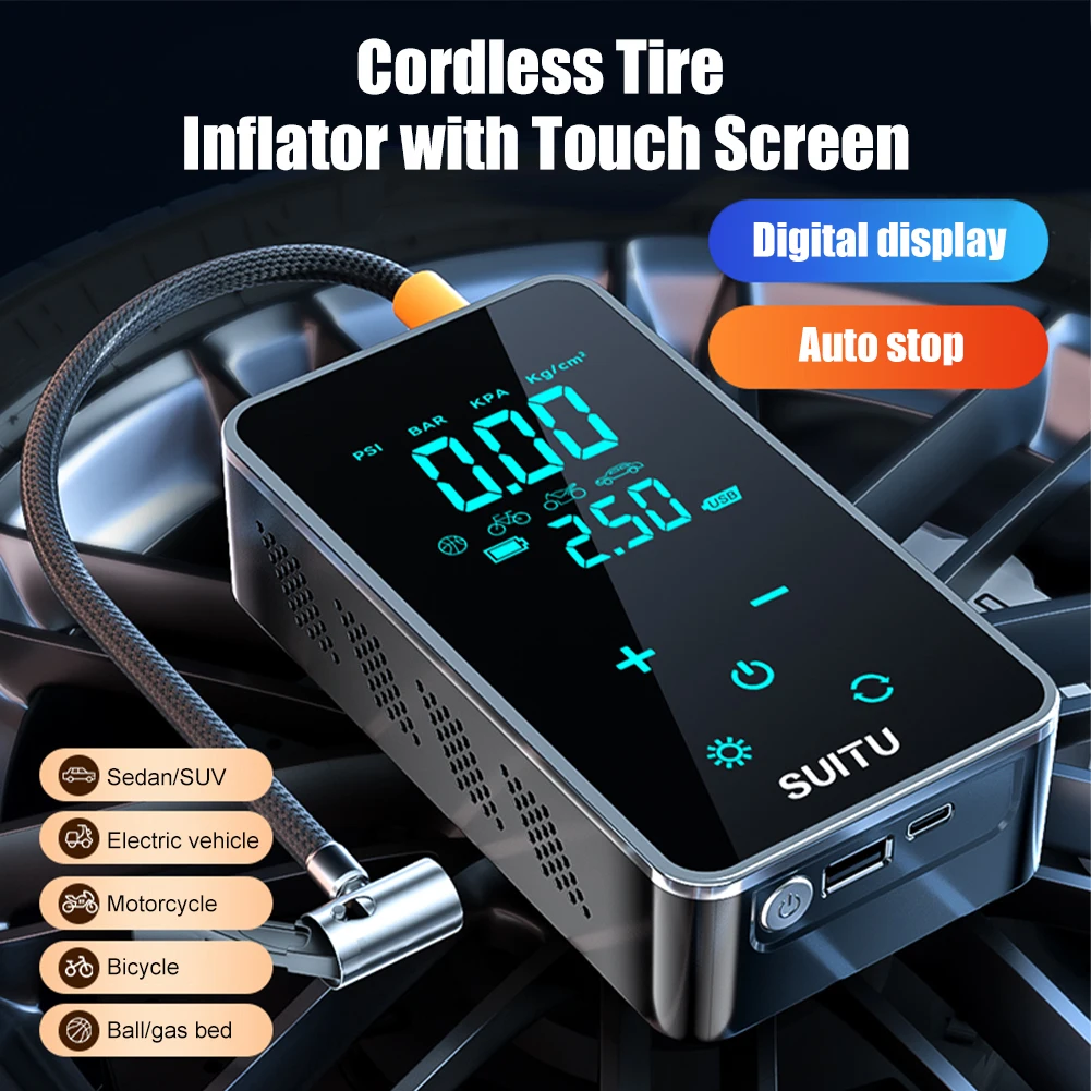 

45W Wireless Car Tire Inflator Air Compressor Pump with Touch Screen LCD Portable Tire Inflation Pump LED Lighting for Car Bike
