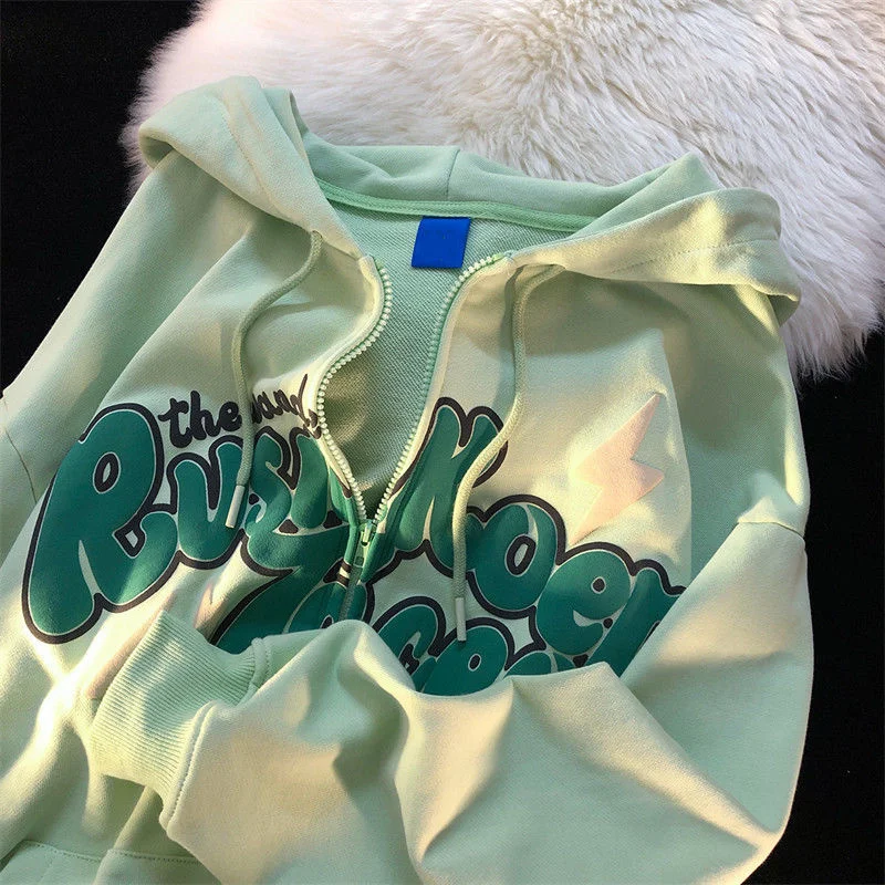 

Women Letter Print Hoodies 2022 Autumn Winter Retro Loose Zip Up Hooded Sweatshirts Female Casual Long Sleeve Sweatshirt Coats