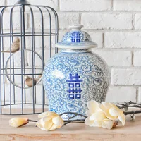 China Double Happy Xi Temple Jar Blue and White Ceramic Vase Antique Porcelain Chinese Vases for Decor Ginger Jar Lid Flower Pot