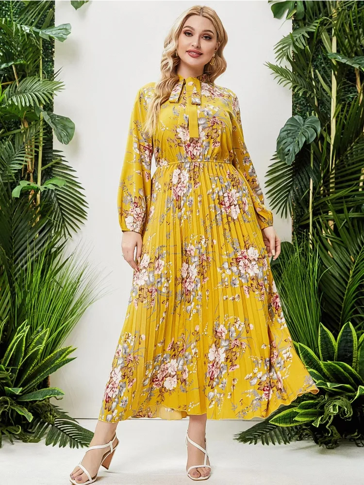 Long skirt pullover elastic waist chiffon printing fashion pleated dress plus size female plus size women clothing