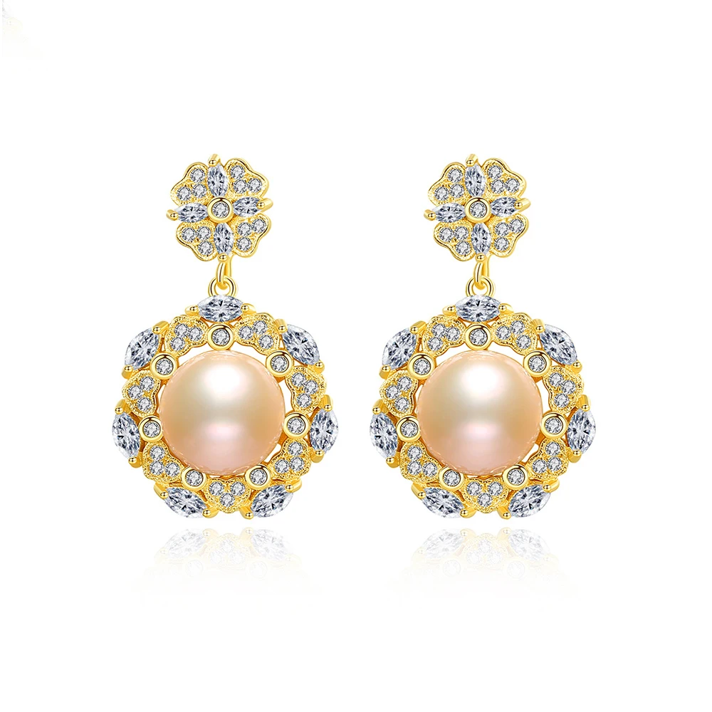 Elegant Flower-Shaped Pink Freshwater Pearl Drop Earrings 925 Sterling Silver Solid Earrings for Women