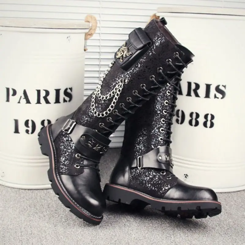 

South Korean foreign trade tall riding boots men male frosted motorcycle long rock punk leather fashion big Head Martin boots