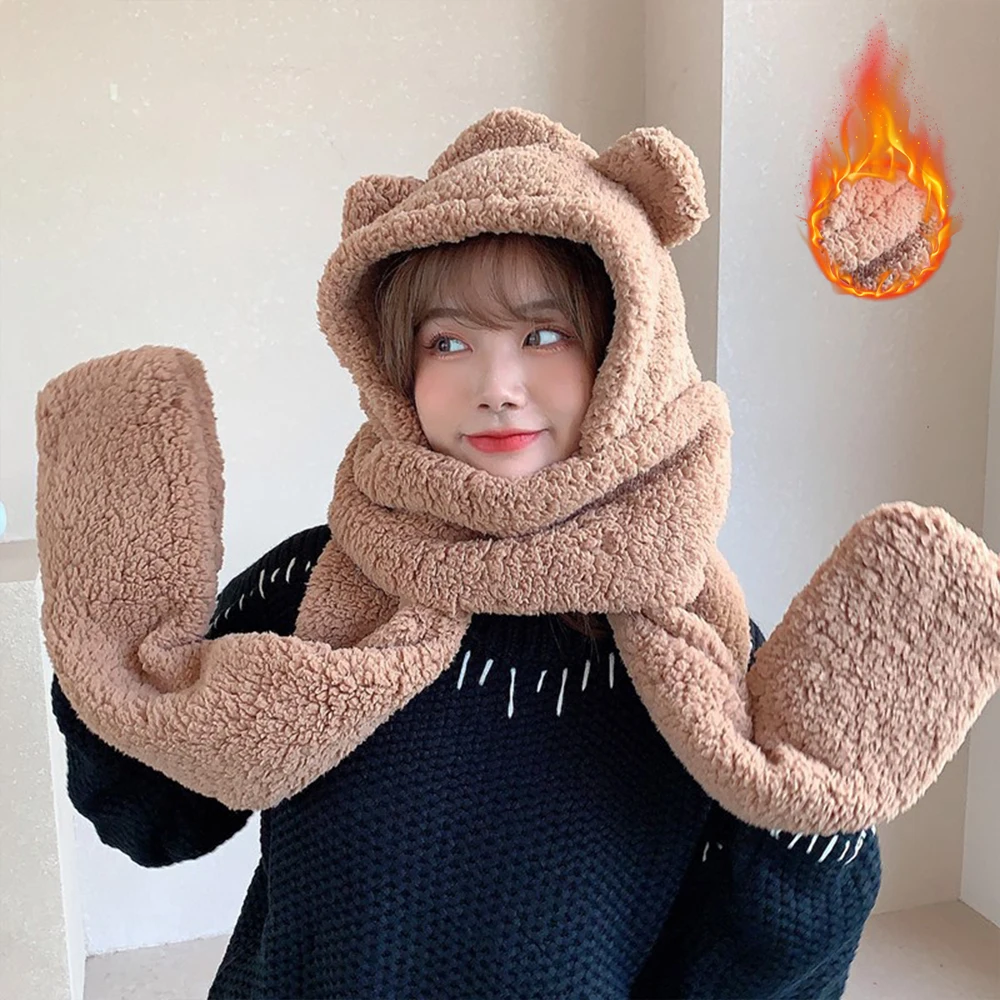 

Kawaii Bear Ear Hat Scarf Gloves Set Winter Warm Women Cute Beanies Caps Thickening Plush Hats Casual Solid Fleece Hat For Girls