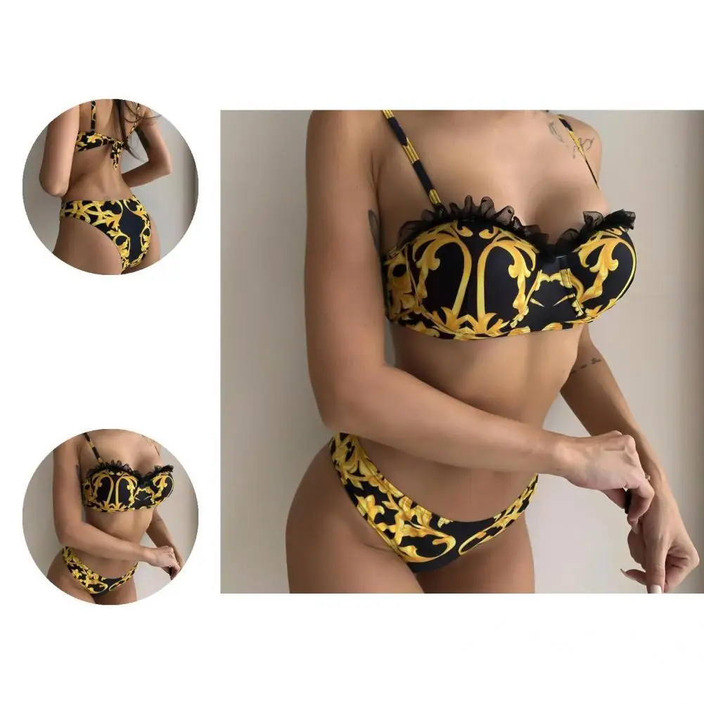 

Модный женский купальник, пляжная одежда с черным кружевом и декором, комплект бикини с золотым принтом, комплект бикини