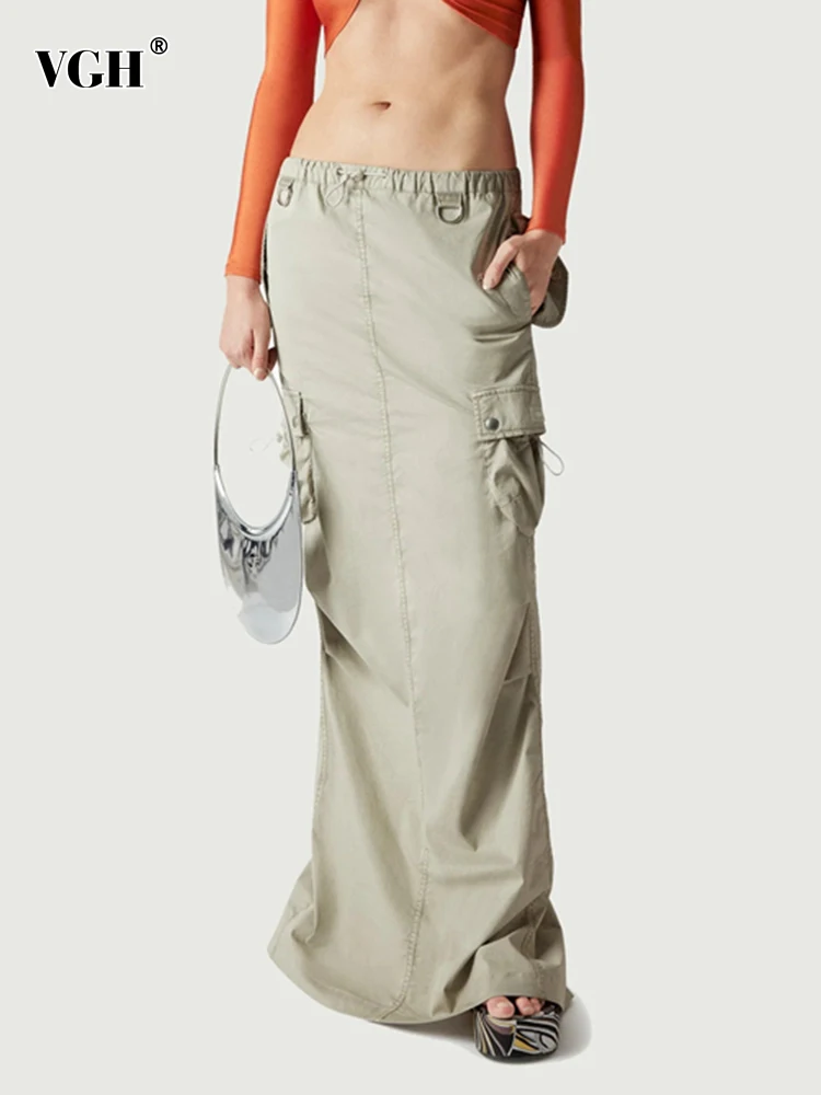 

VGH Casual Solid Loose Skirts For Women High Waist Patchwork Pockets A Line Folds Minimalist Skirt Female Fashion Clothes New