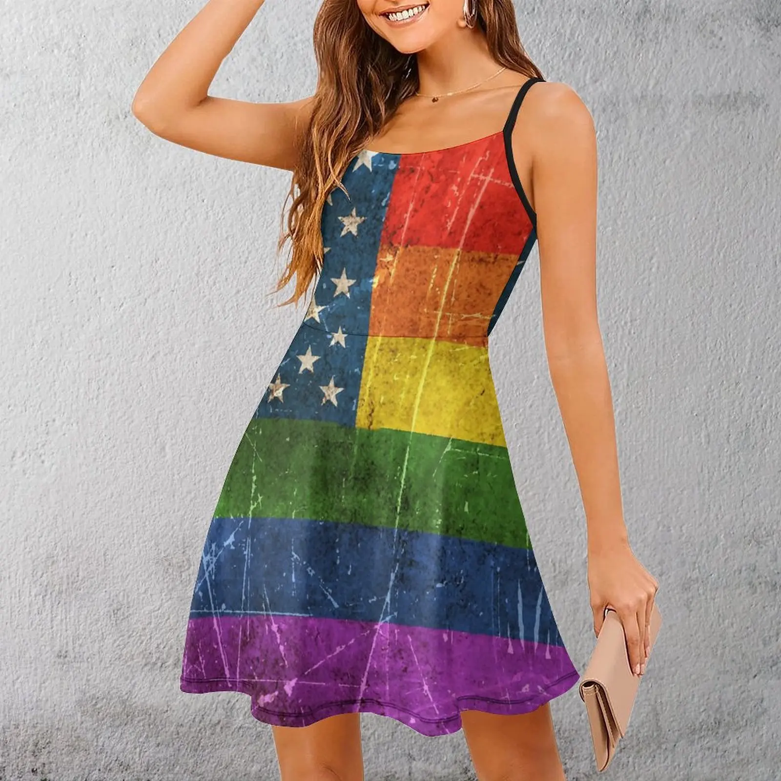 

Exotic Vintage Aged And Scratched Gay Pride Rainbow Ameri Women's Sling Dress Cool Vacations Woman's Dress Suspender Dress Gra