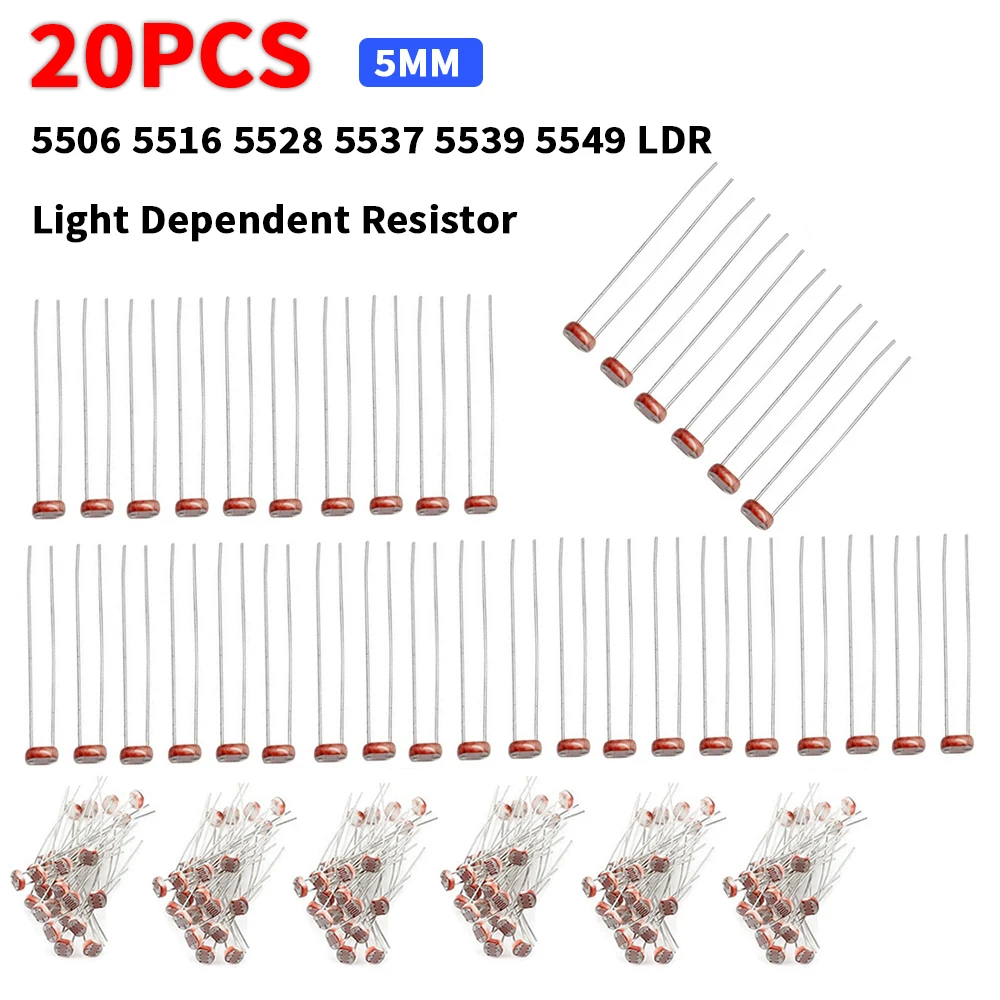 

20PCS Light Dependent Resistor 5506 5516 5528 5537 5539 5549 LDR 5MM Photoresistor Photoconductive Resistance for Arduino