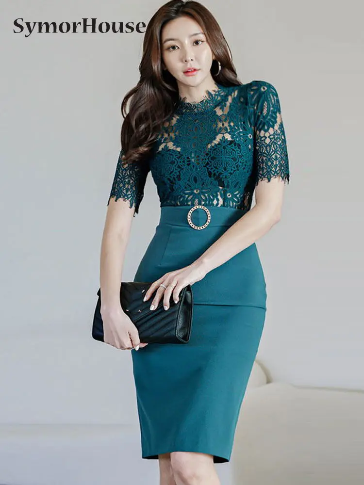 

Лето-Осень 2023, элегантное кружевное лоскутное платье-карандаш, женское корейское шикарное тонкое повседневное офисное платье, простые платья