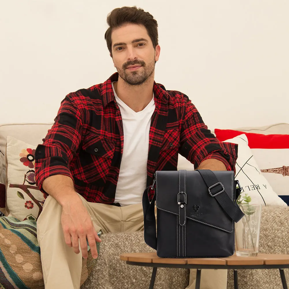 New Cowhide Leather Shoulder Bag for Men Luxury Design Messenger Bag Lightweight Crossbody Bags for 9.7inch iPad Flap Pocket