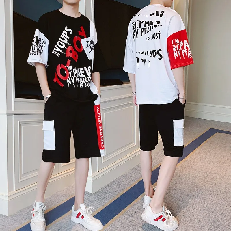 

Short-SleeveTT-shirt Set2022Teenagers Student Leisure Suit Men's Summer Fashion Trend Printed Two-Piece Suit Wholesale