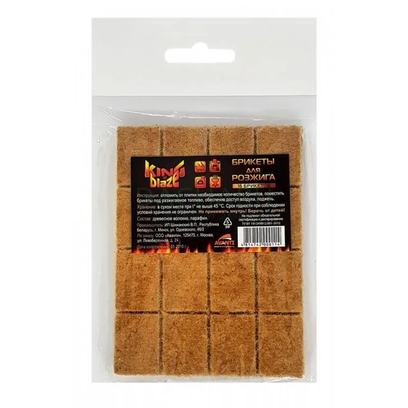 Брикеты д/розжига 16шт/уп цена за уп (древесина+парафин) King of Blaze КВ-114 |