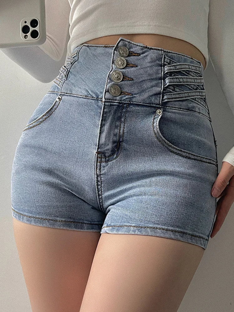 

Sweet French New Sexy High Waist Single Breasted Women's Clothing Solid Color Slim Denim Shorts Hot Girl Street Style DU9H