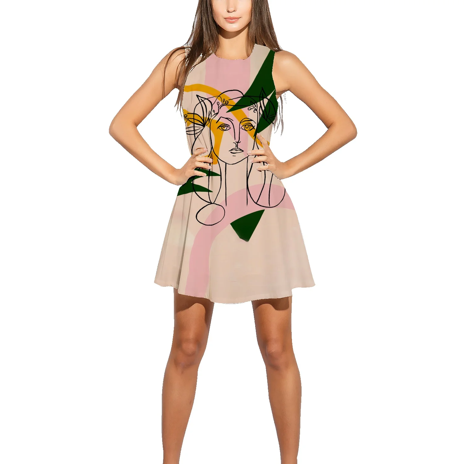 

Женское Короткое платье-майка без рукавов, повседневное Хлопковое платье с цифровым принтом масляной живописи, абстрактным цветочным прин...