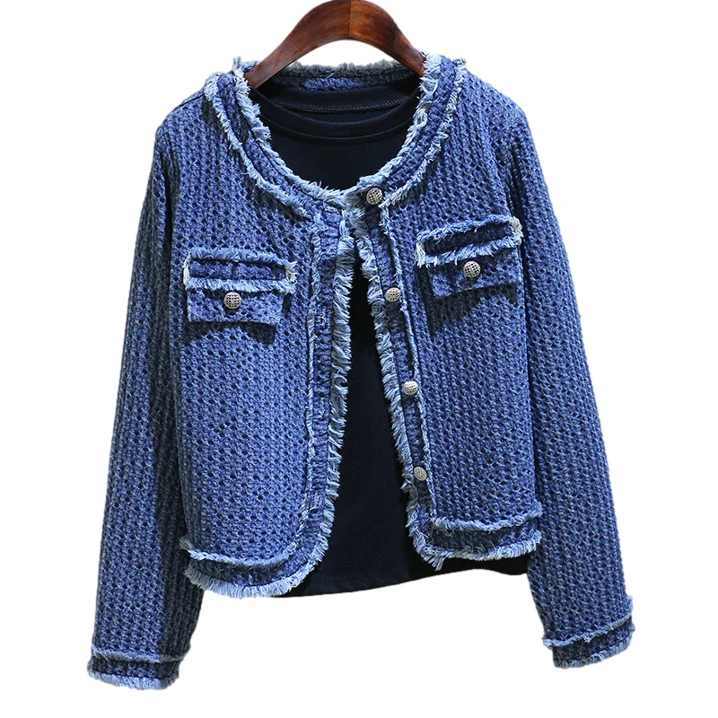 

Spring Autumn Dark Blue Tweed Jacquard Denim Jacket Women Loose Short Cowboy Outerwear Korean Frayed O Neck Jeans Jacket Female