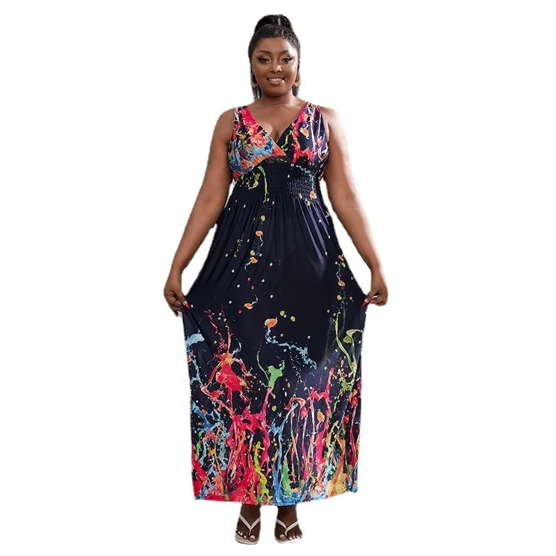 2022 Plus Size Large Hem Printed Multicolor Dress For Travel Party Wear Style Multicolor Long Women's Dress