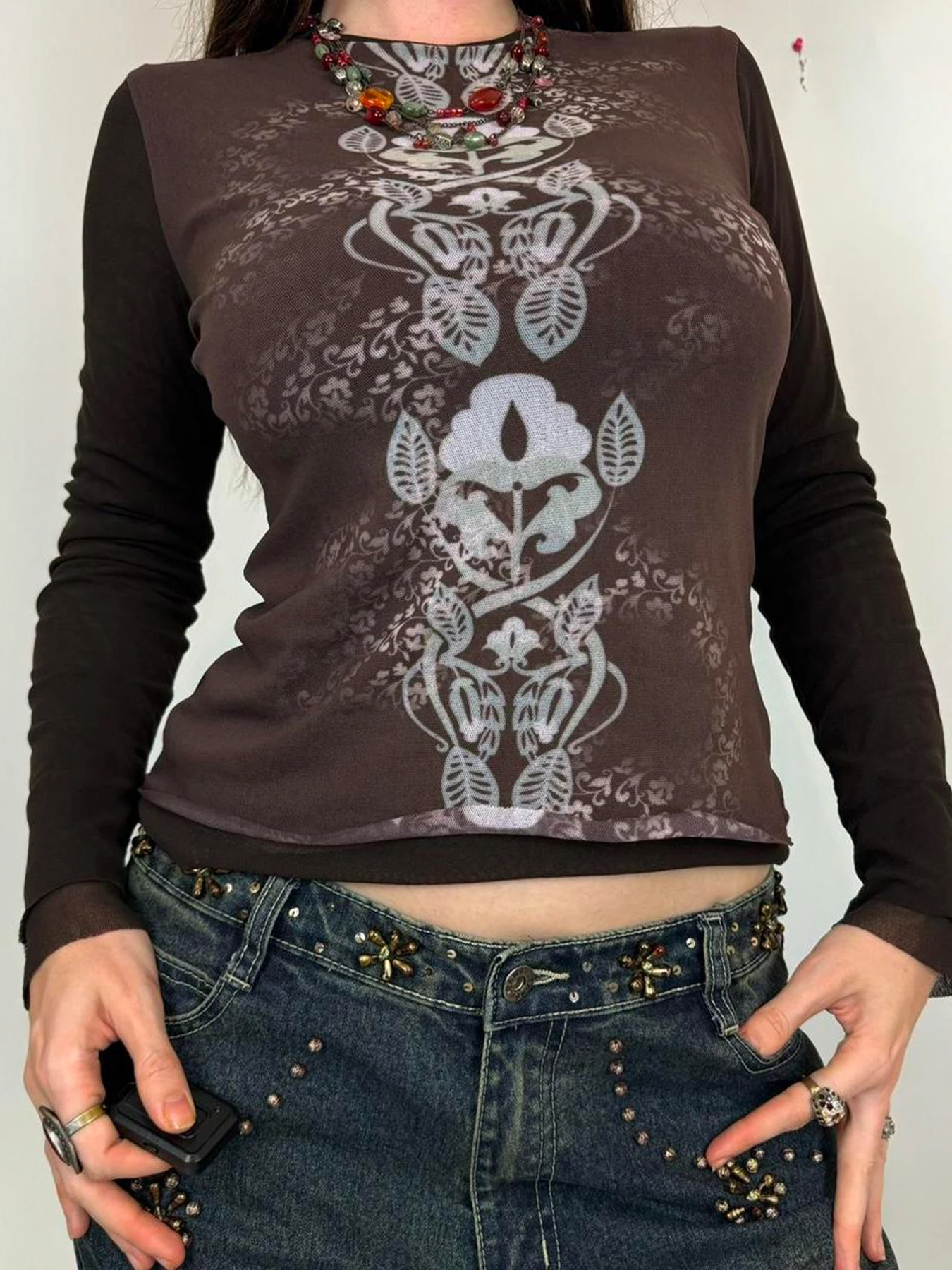 Rockmore винтажные сетчатые топы с принтом для женщин сексуальная прозрачная