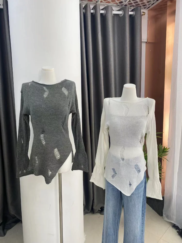 

Корейская Солнцезащитная блузка в гонконгском стиле для ранней осени Новинка 2023 серый свитер с дырками дизайнерская трикотажная одежда то...