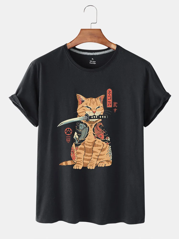 

New Men's Japanese Style Cotton Cute Cat Pattern Print Short Sleeve T-Shirts O-Neck Summer Tops Men Tees