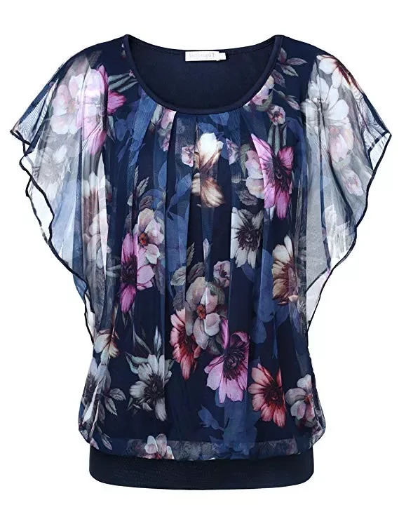 

New in 2022 Blouse Plus Size Tops Flower Printing O Neck Flare Short Sleeve Casual Top Double Layer Tops Ladies Blouse camisas 2