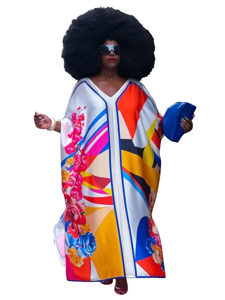 

Женское свободное платье-макси с V-образным вырезом и рукавами «летучая мышь»