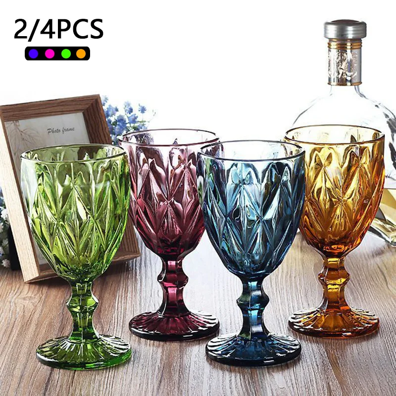 

2/4PCS Set Thicken Multicolor Retro Heat-Resistant Cocktail Juice Champagne Glass Cups Carved Goblet Whiskey Red Wine Glasses