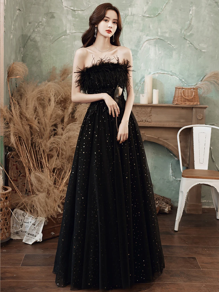 

Женское коктейльное платье с черными перьями, блестящее классическое платье-трапеция до пола с блестками и открытой спиной для выпускного вечера, модель 2023
