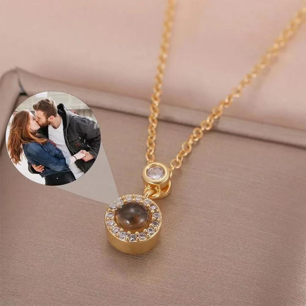 Dropshipping Custom Photo Projection Necklace Couple Pendant Zircon Choker Geometric Necklaces Jewelry Xmas Mother's Day Gifts