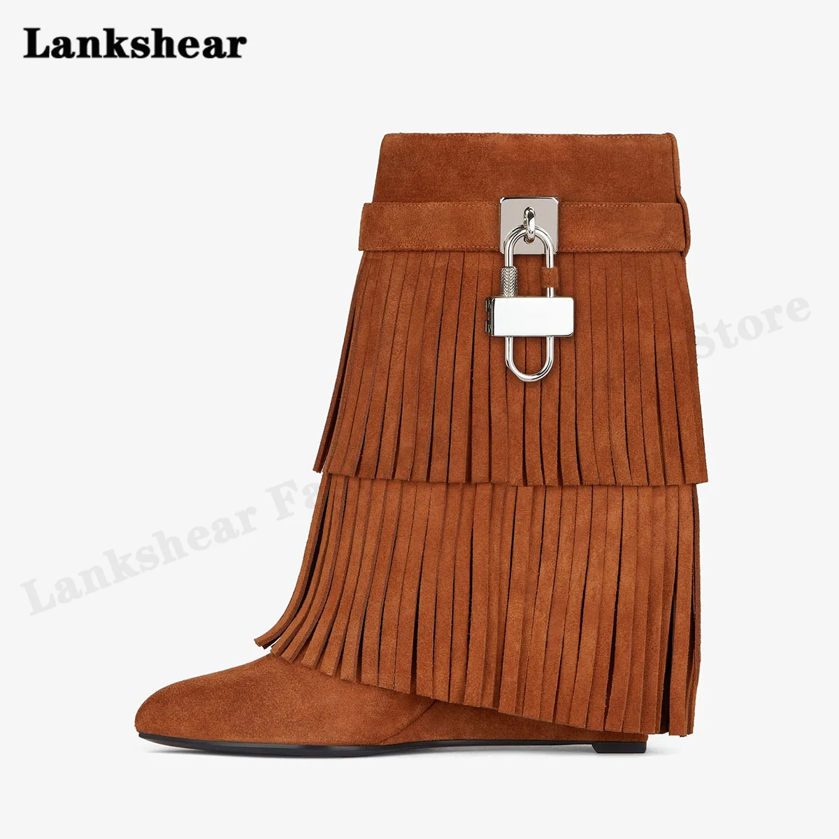 2022 Winter New Round Toe Wedge Heel Woman Boots Thick Bottom Suede Tassel Lock Decoration Large Size Short Boots Tassel Boots