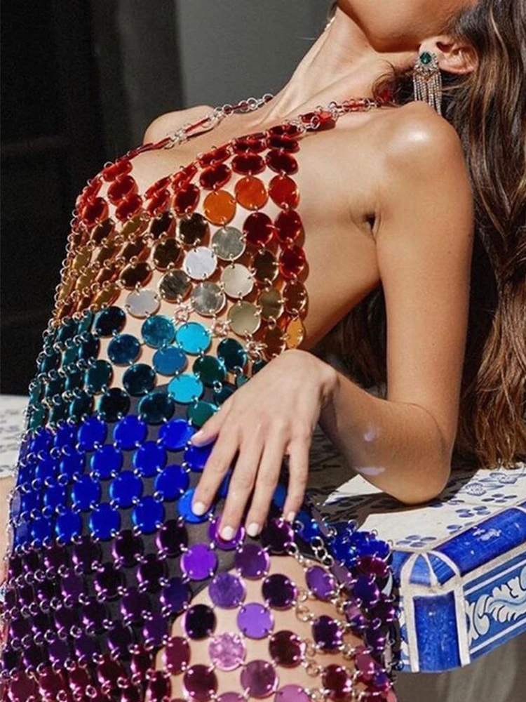 

Сексуальное платье ручной работы с блестками и открытой спиной, винтажные женские Платья-мини на тонких бретелях для ночного клуба вечерние НКИ