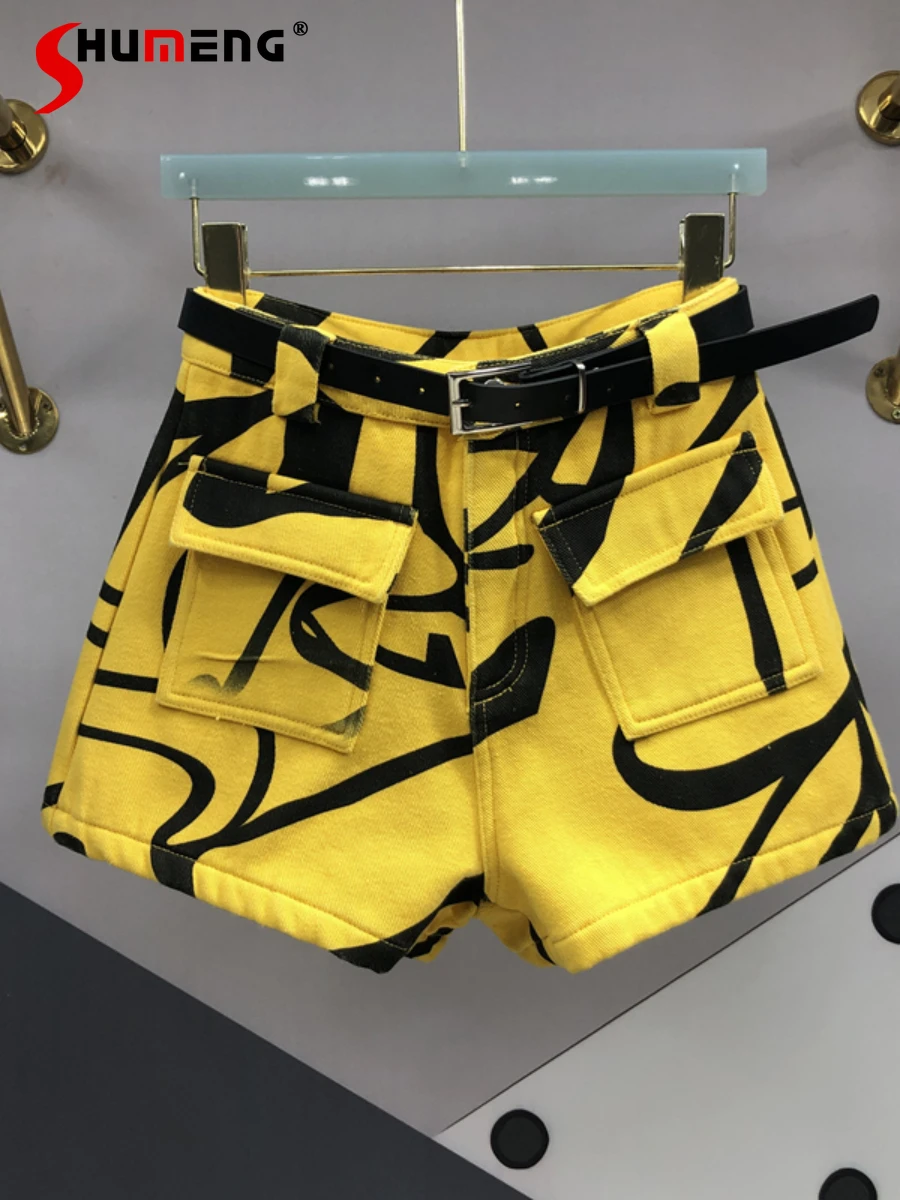 

StreetWear Denim Shorts Women 2022 Summer New Fashion High Waist Slimming Irregular Printing Dyeing A- Line Wide Leg Shorts Tide