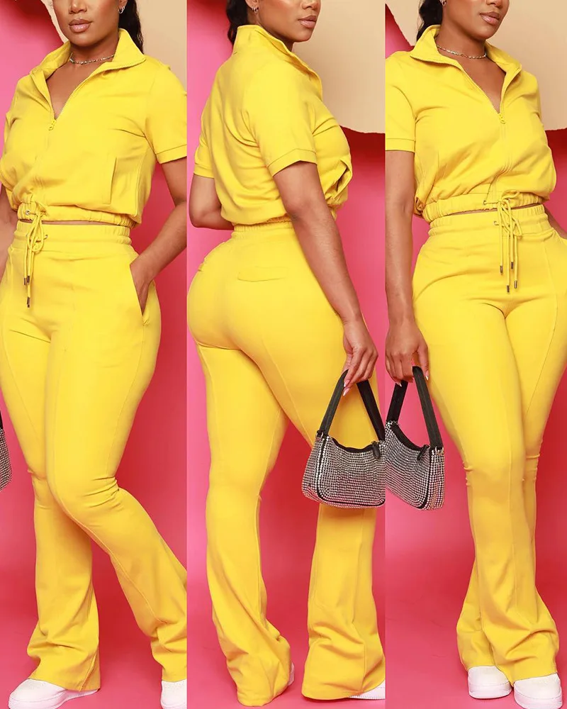 

Женский однотонный комплект из топа и брюк, блузка на молнии с коротким рукавом и брюки с высокой талией, весна-лето