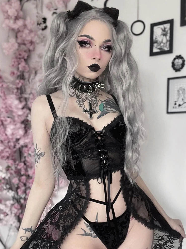 

2022 Gothic Summer Lace Black Camis Women Clothes Streetwear Bandage Sleeveless Corset Crop Top Backless V-neck Sexy Camisole