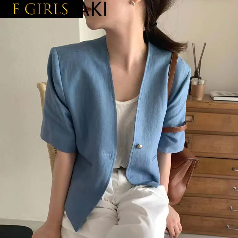 

E GIRLS Spring Summer 2023 V Neck Short Sleeve Jackets Women Loose Casual Vintage All Match Coat Korean Style Chic One Button To