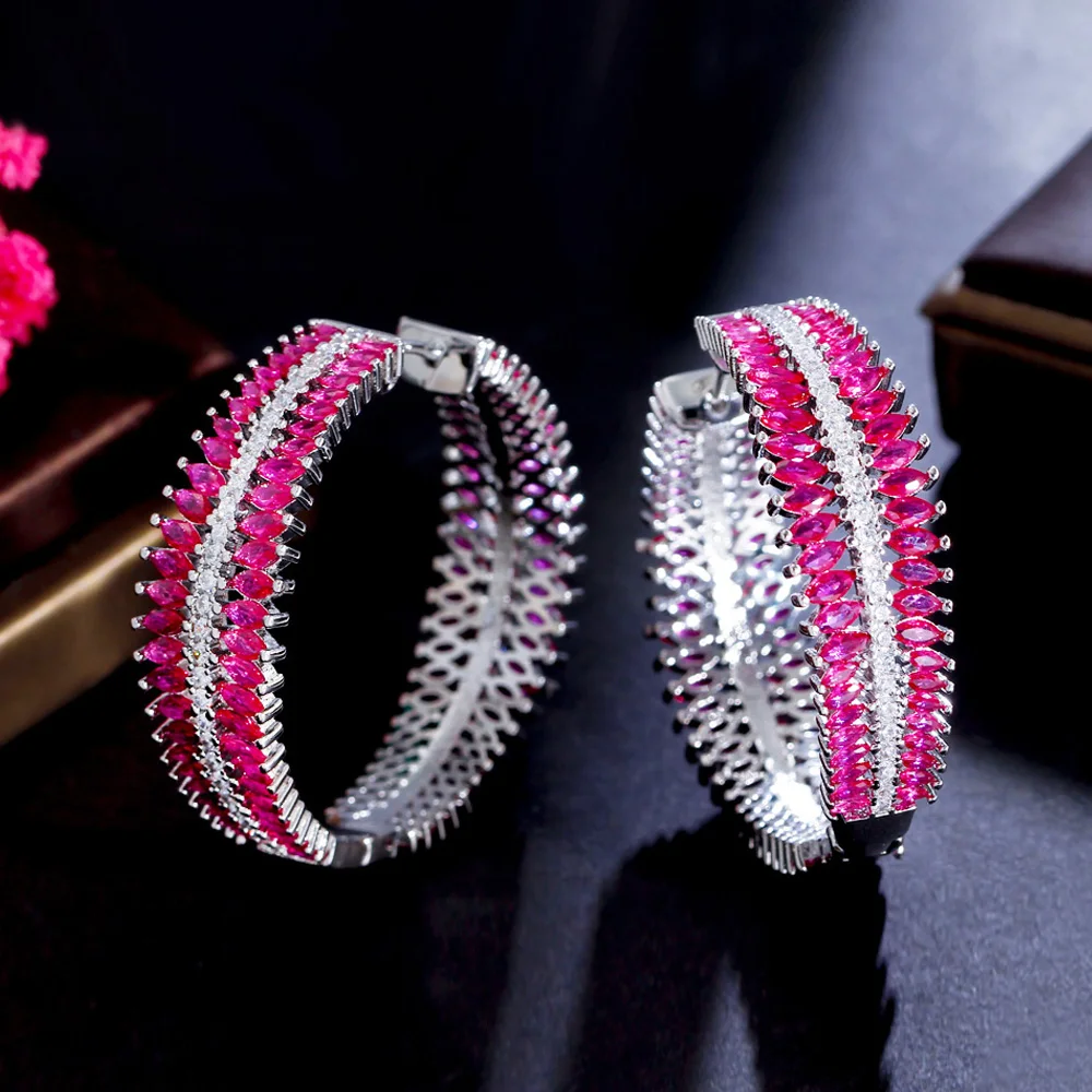 

CWWZircons Genuine Cubic Zirconia Pave Fuchsia Red CZ Big Chunky Round Two Sided Hoop Earrings for Women Luxury Jewelry CZ395