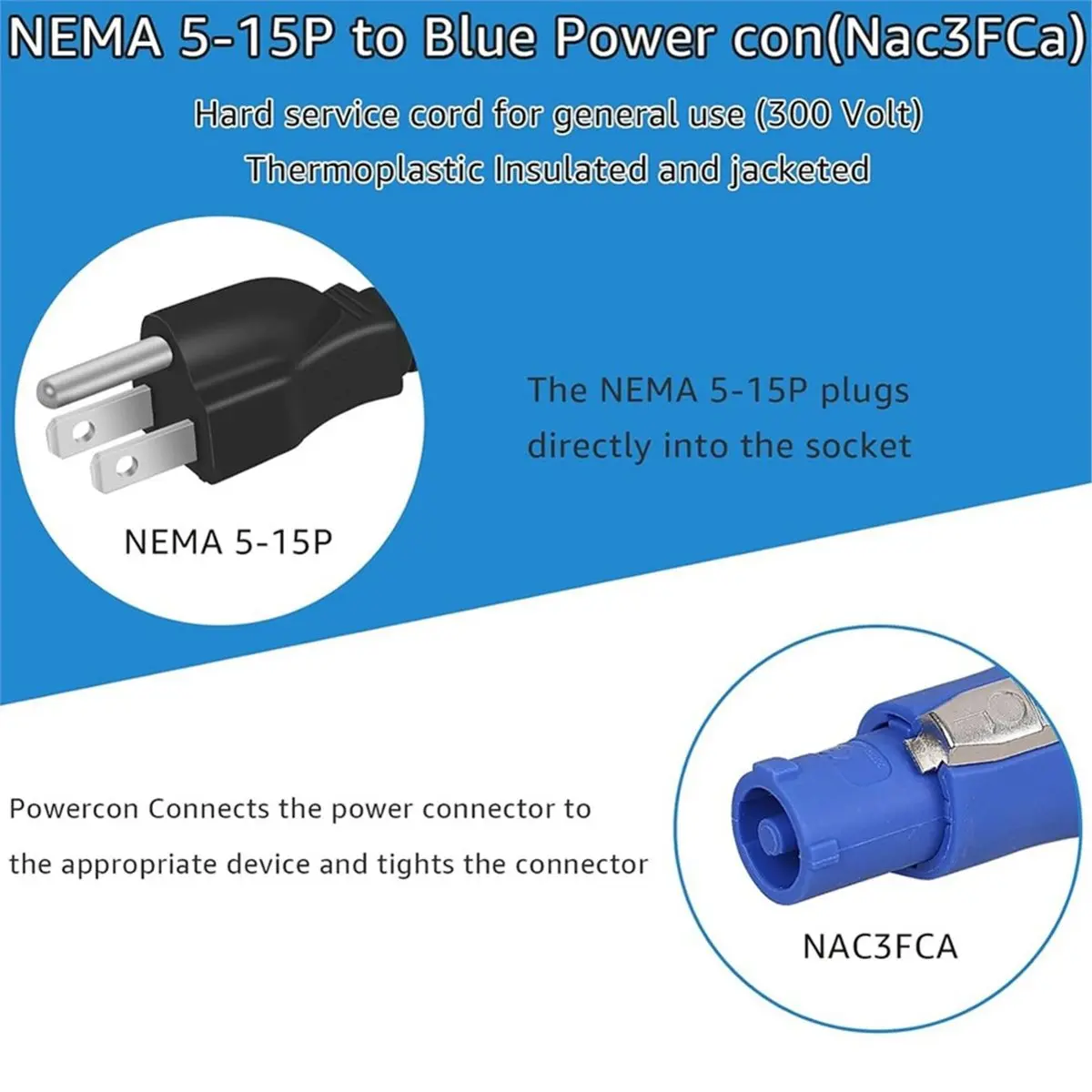 Фото Кабель (A60I) с 3-контактным разъемом NEMA 5-15P на PowerCON, 20А, 3-контактный входной разъем PowerCon на разъем NEMA 5-15P, провод 16AWG, вилка стандарта США №1