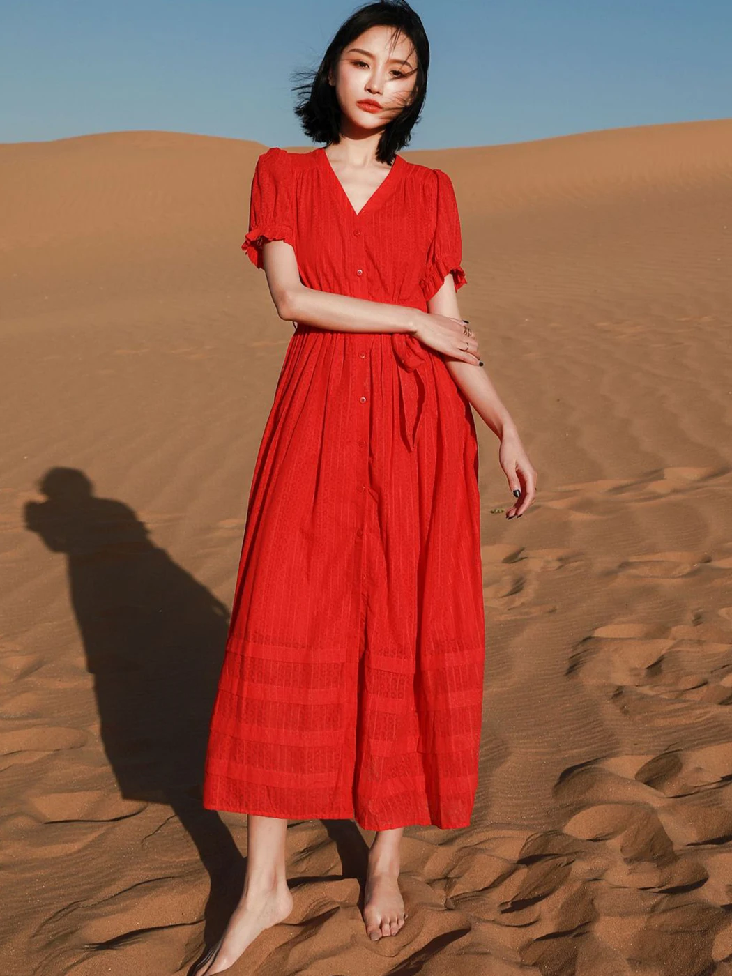 

Jastie Boho Holiday Midi Dress Women Summer Button Belt V Neck Puff Short Sleeve Split Hem Vestidos Vintage Casual Chic Dresses