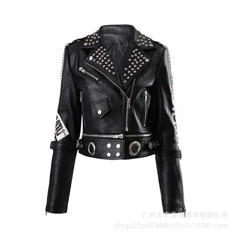 European And American Motorcycle Women'S Leather Coat, Heavy Industry Rivet, Fashion Printing, Punk Rock Jacket, Black, Slim enlarge