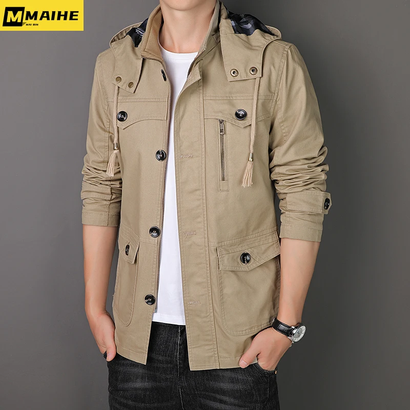 

2023 Autumn/Winter new long trench jacket men's detachable hat Pure cotton wash cargo jacket Fashion casual multi-pocket coat