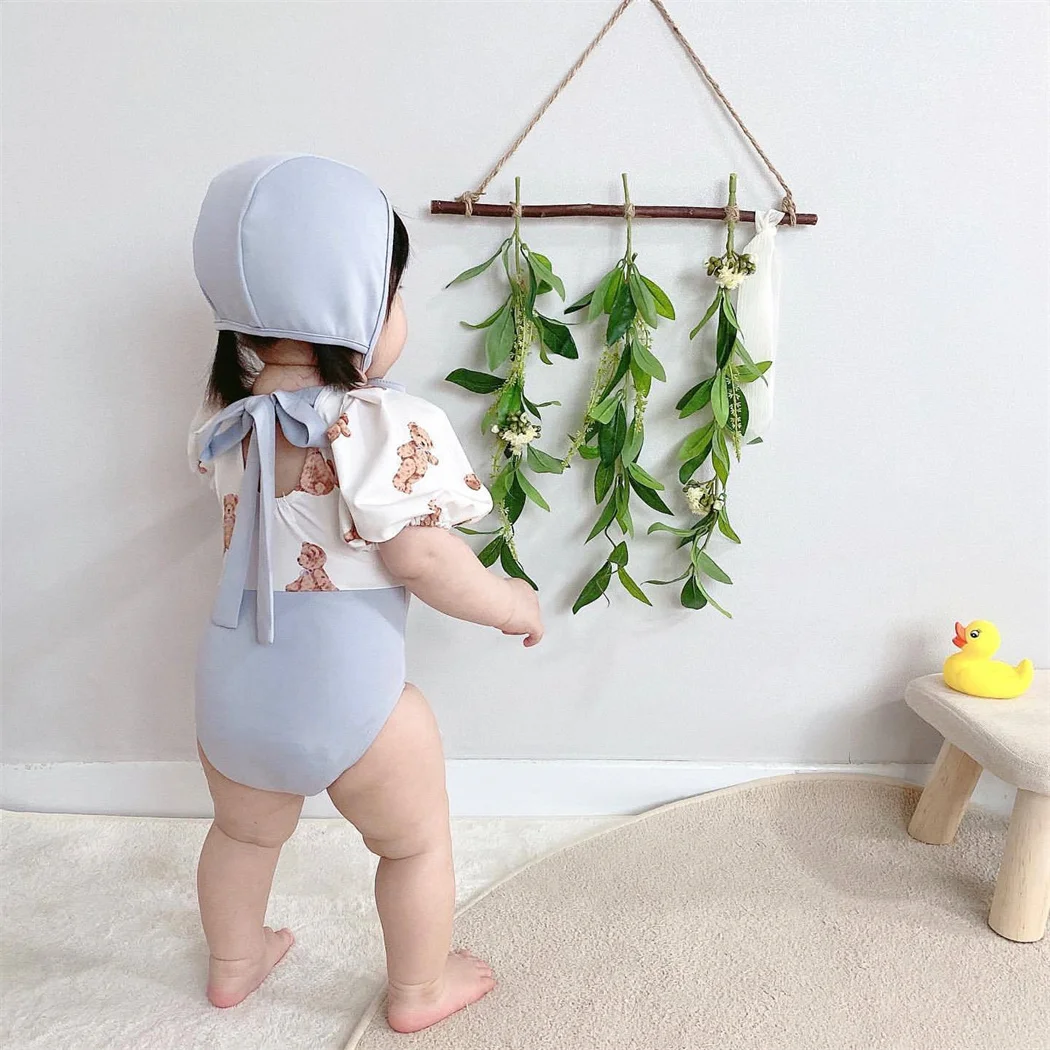 

2Pcs Summer Baby Girl Swimwear Cute Bear Print Swimsuit with Hat Girls Bikini Set Puff Sleeve Swimwear for Kids