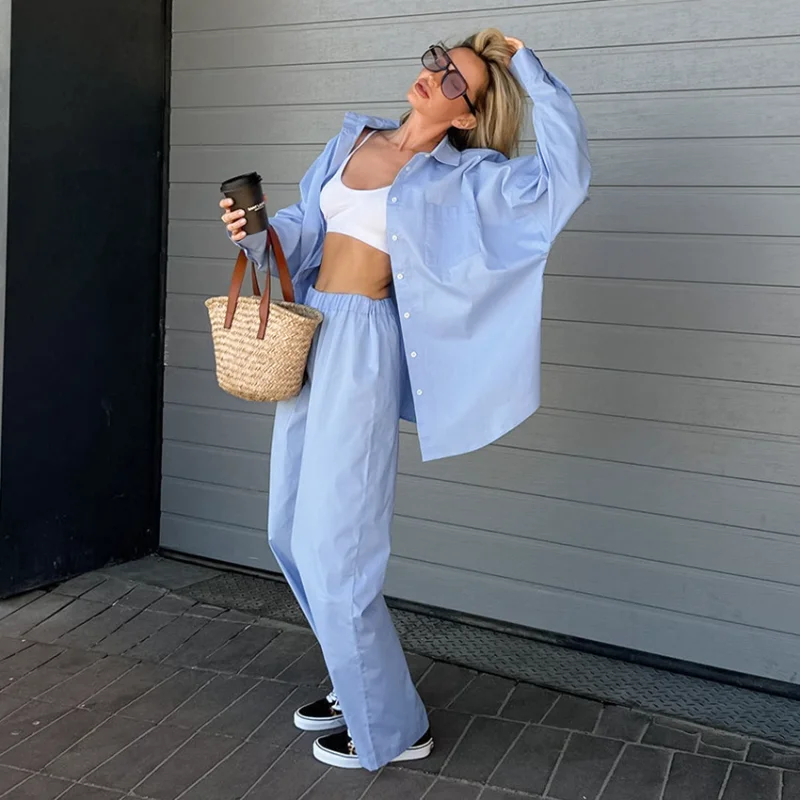 

Blue Pant Sets Women Long Sleeve Shirt Wide Leg Pants 2023 Spring Autumn Loose Two Piece Set Y2k Streetwear New In Matching Sets