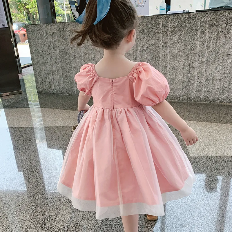 

Summer 2022 New Arrivals Girls Cotton Short Puff Sleeve Mesh Pink Cute Designer Elegant Evening Party Girl Dresses 18M-6T