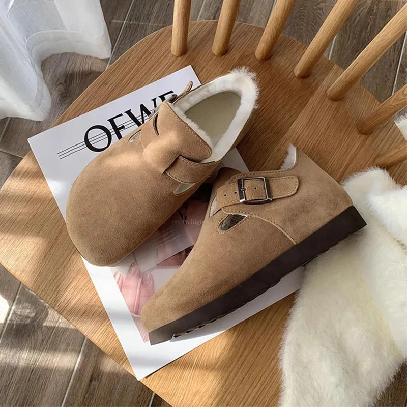 

Туфли женские на плоской подошве, базовые Короткие Плюшевые, классические, из флока, на танкетке, на резиновой подошве