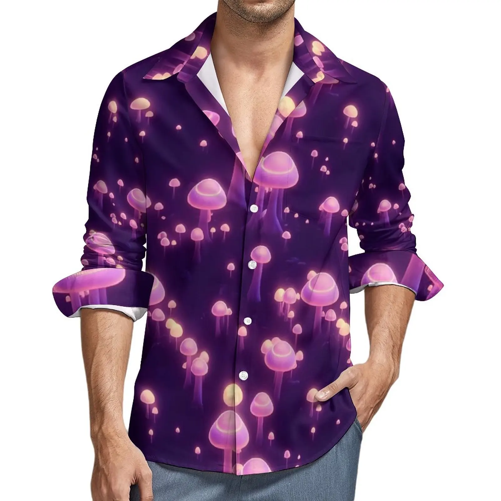 

Magic Mushroom Shirt Trippy Purple Mushrooms Casual Shirts Long Sleeve Design Aesthetic Blouses Autumn Retro Oversized Tops